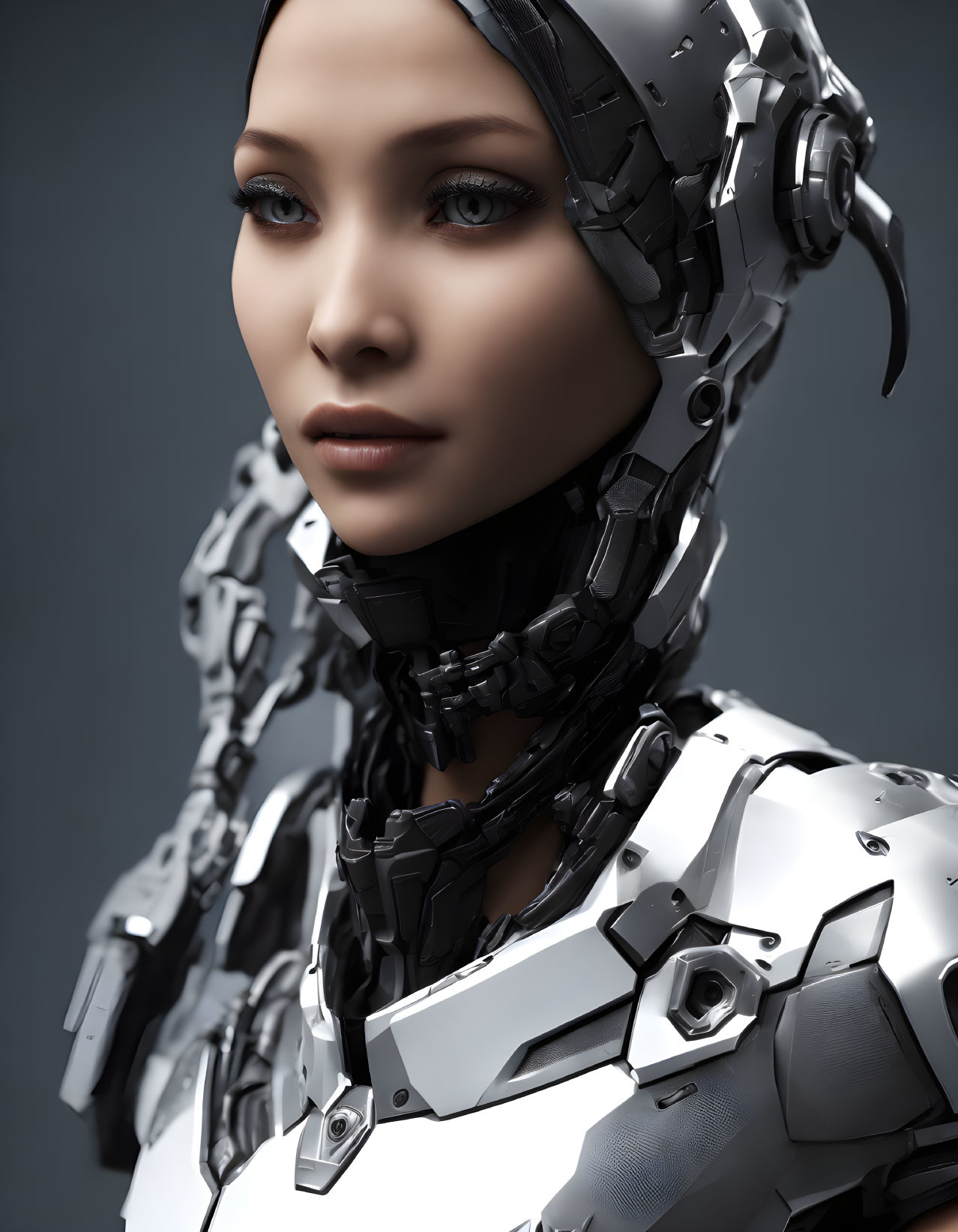 Realistic Female Android with Detailed Mechanical Neck and Futuristic Headset