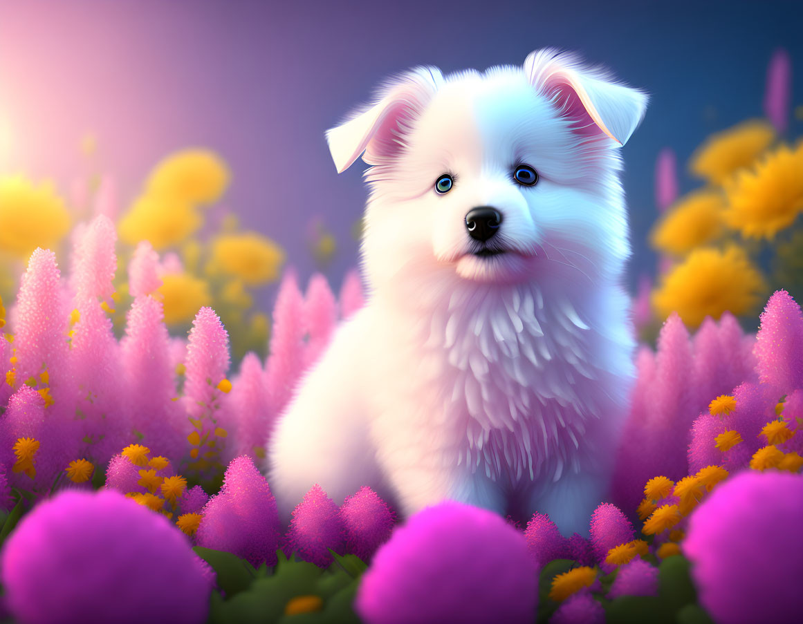 White Puppy with Blue Eyes Surrounded by Pink and Yellow Flowers in Purple Sky