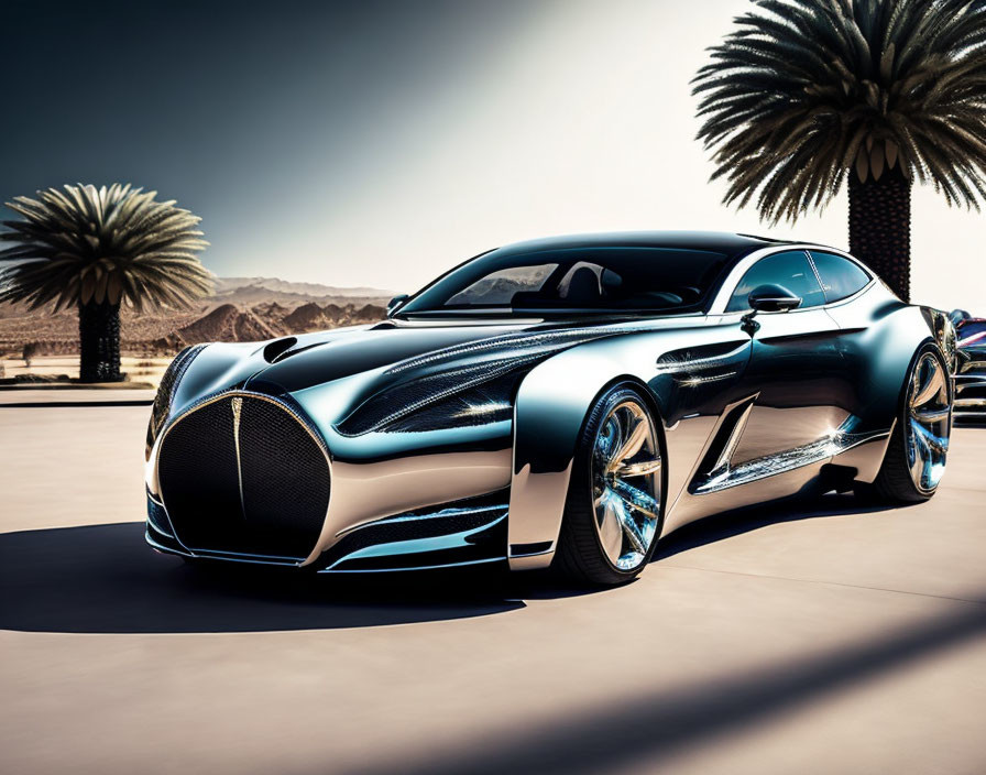 Reflective blue luxury car parked under the sun with palm trees and desert background