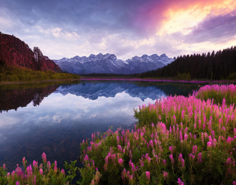 Snow-capped mountains reflected in serene lake at sunset