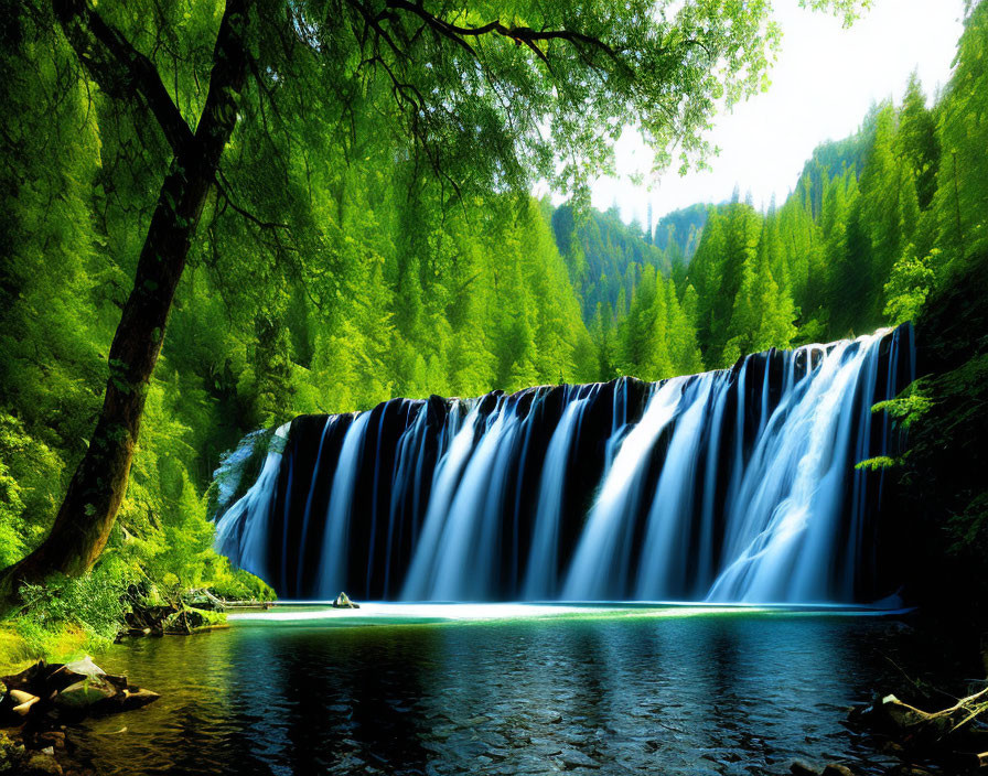 Serene waterfall cascading into calm river amidst lush green forest