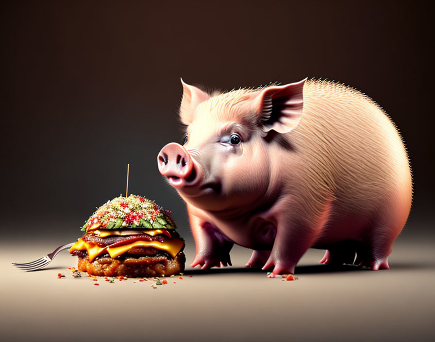 Cartoonish pig with cheeseburger and fork on neutral background