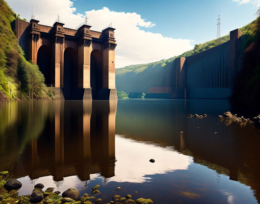 Majestic dam with towering pillars in tranquil landscape