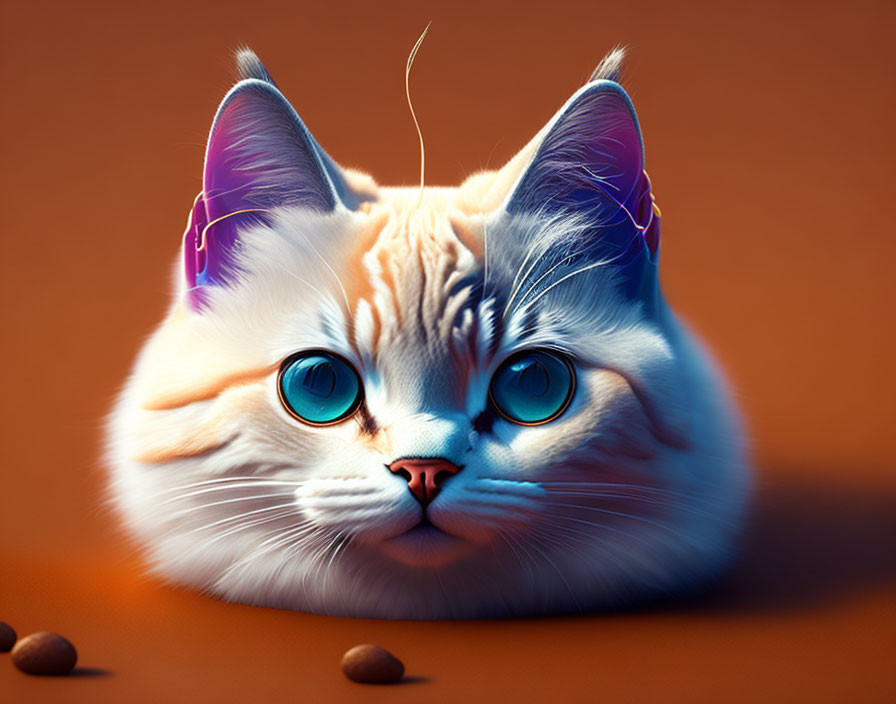 Whimsical digital artwork of a cat with glowing blue eyes on orange background