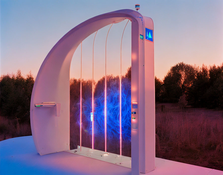 Futuristic outdoor portal with curved design and blue energy beams