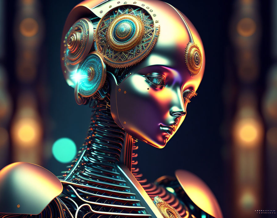 Intricate humanoid robot with metallic structure and gears on bokeh background