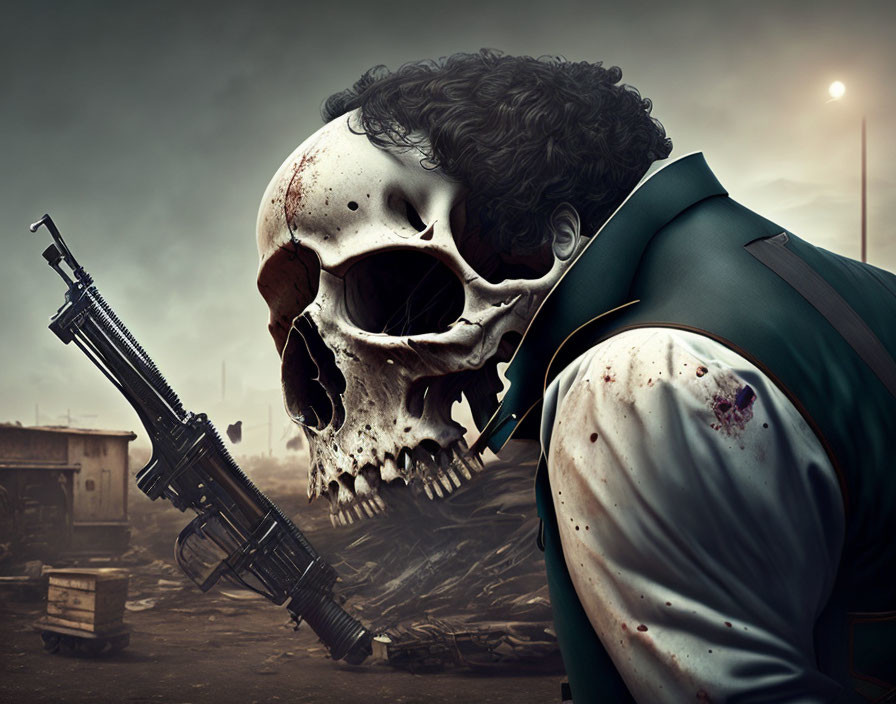 Skull-headed figure with rifle in dystopian industrial landscape