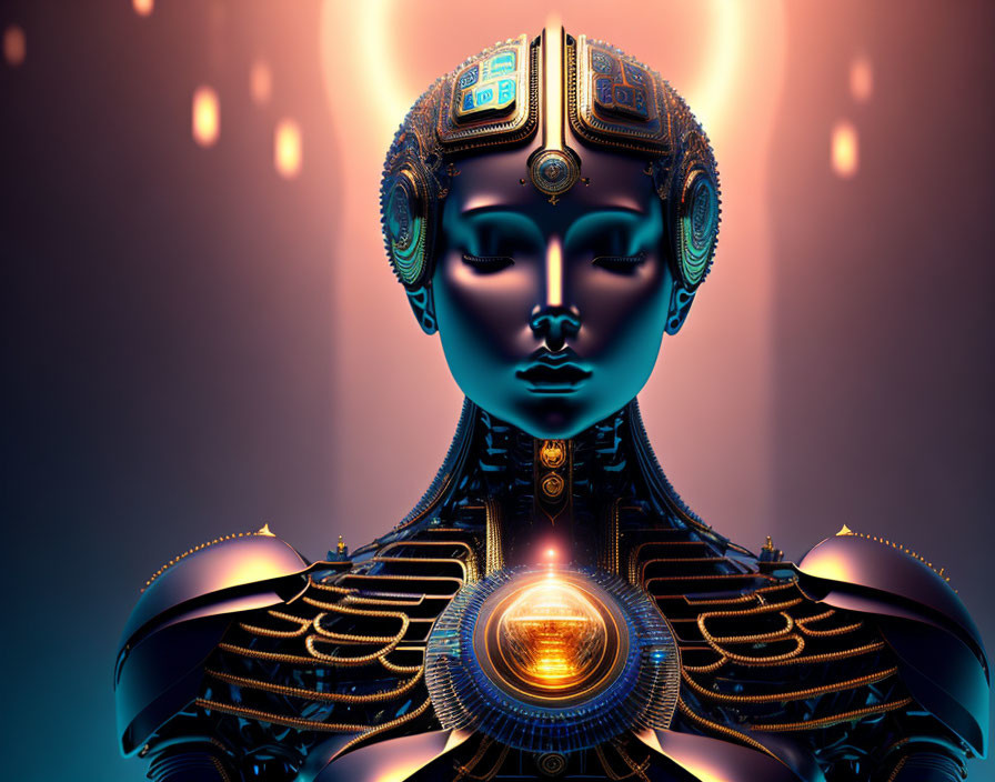 Futuristic robotic figure with golden and blue armor designs