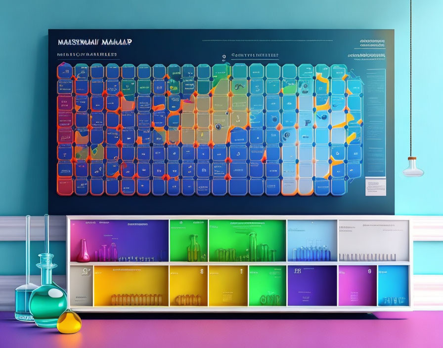 Vibrant periodic table above laboratory glassware shelf