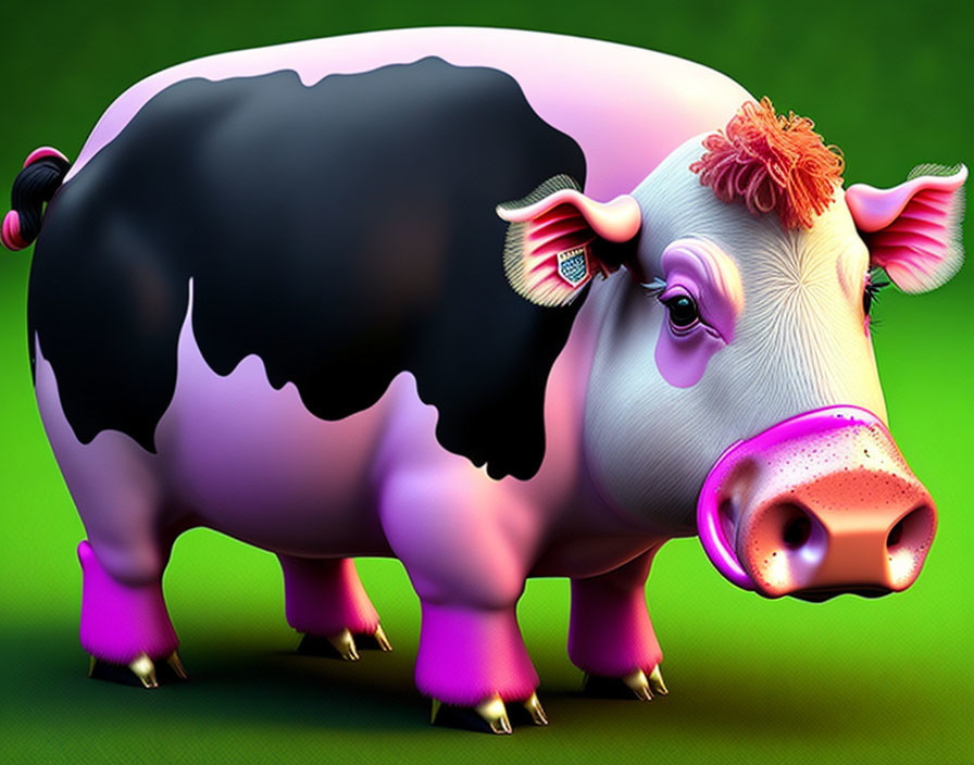 Digital illustration: Stylish pig with black spots, pink skin, neon hooves, red hair,