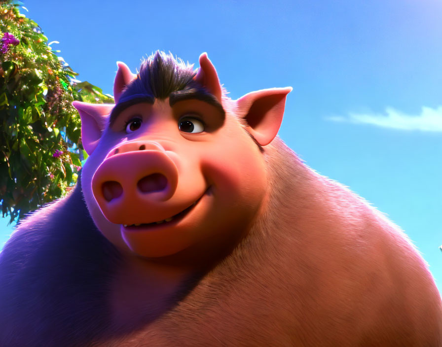 Happy 3D Animated Pig Outdoors with Clear Sky & Foliage