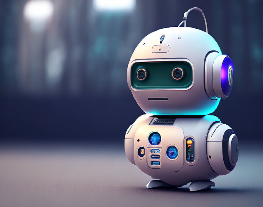 Futuristic white and blue robot with expressive eyes on blurred background