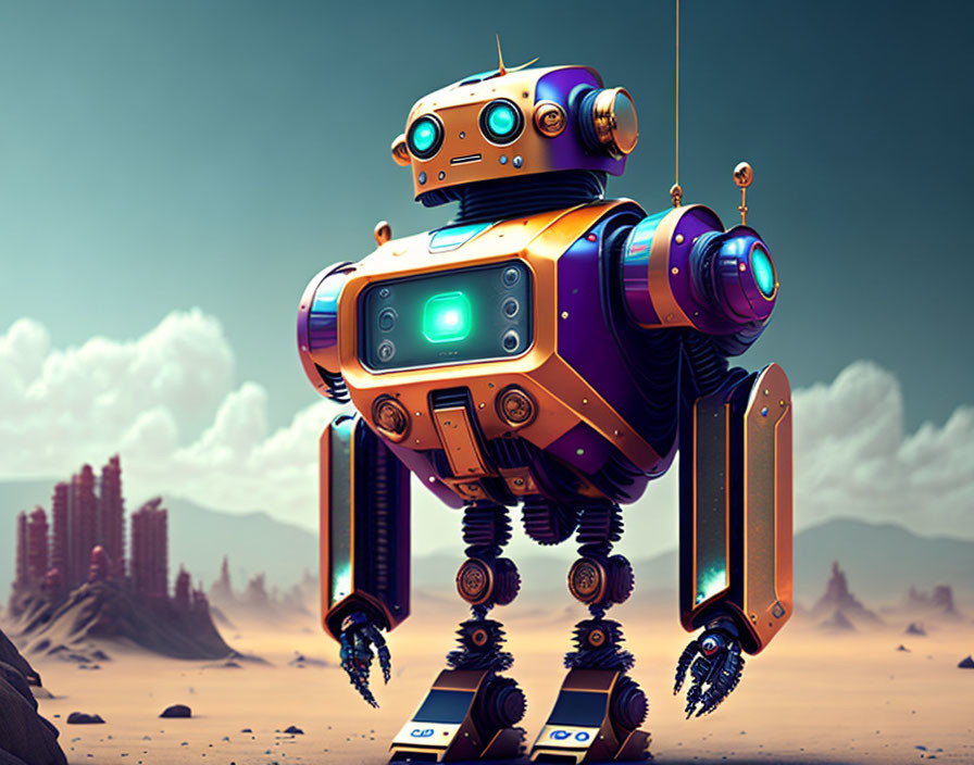 Futuristic robot with orange and blue highlights in desert landscape