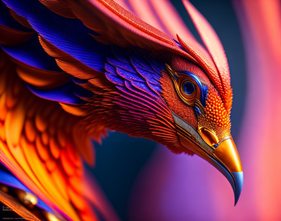 Colorful bird with blue and orange feathers and golden beak.