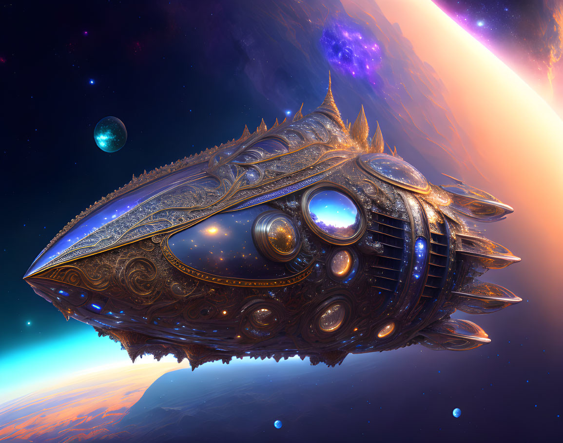 Golden ornate spaceship with intricate designs in cosmic space.