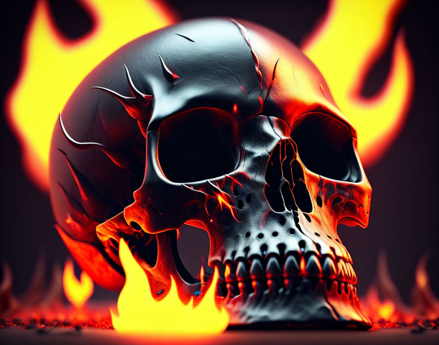 Stylized black skull with red cracks in fiery background