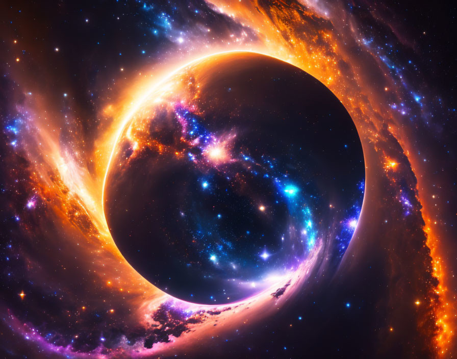 Digital artwork: Black hole with glowing accretion disks in cosmic scene