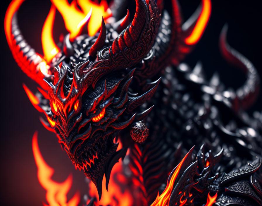 Detailed Illustration of Fierce Dragon with Red and Orange Flames