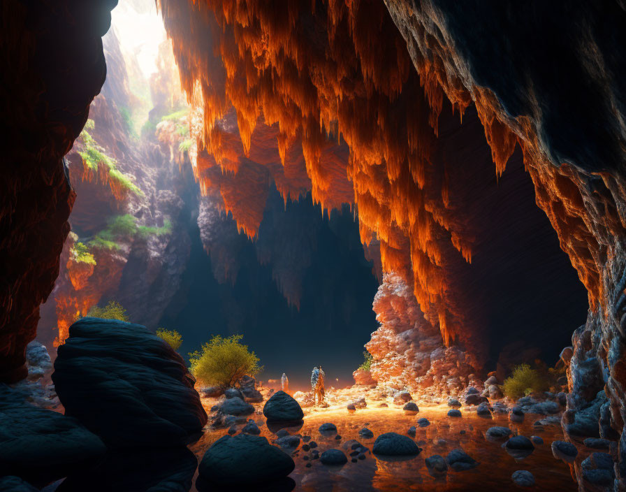 Majestic cave with stalactites, vegetation, and explorer