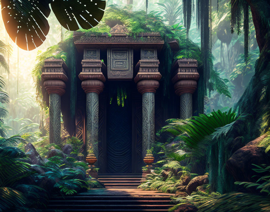 Ancient temple entrance surrounded by lush jungle and sunlight rays