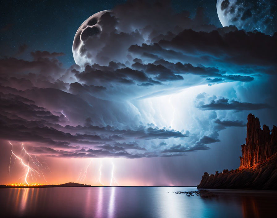 Dramatic Nocturnal Seascape with Moons and Lightning