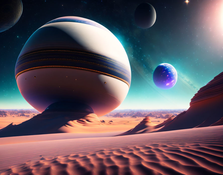 Surreal desert landscape with cosmic sky and ringed planet