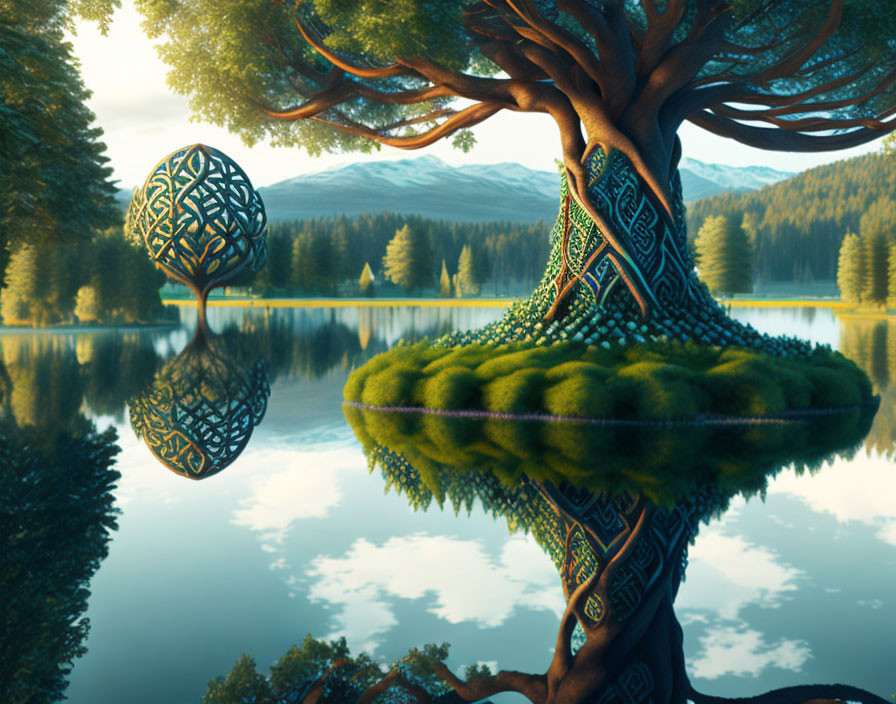 Intricate patterned tree reflecting in serene lake