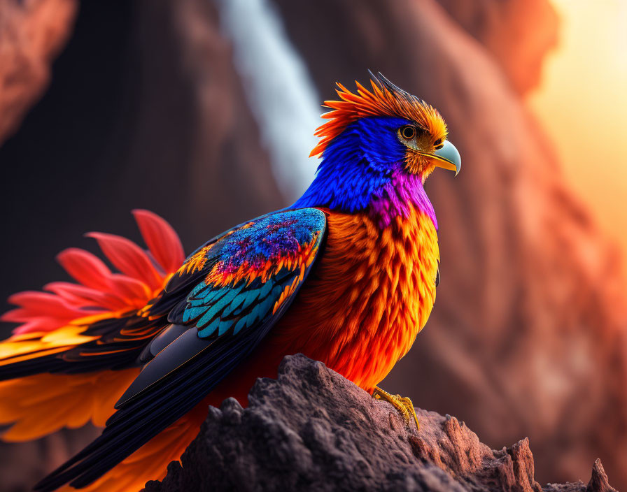 Colorful Bird with Orange, Blue, and Yellow Plumage on Rock in Canyon Setting