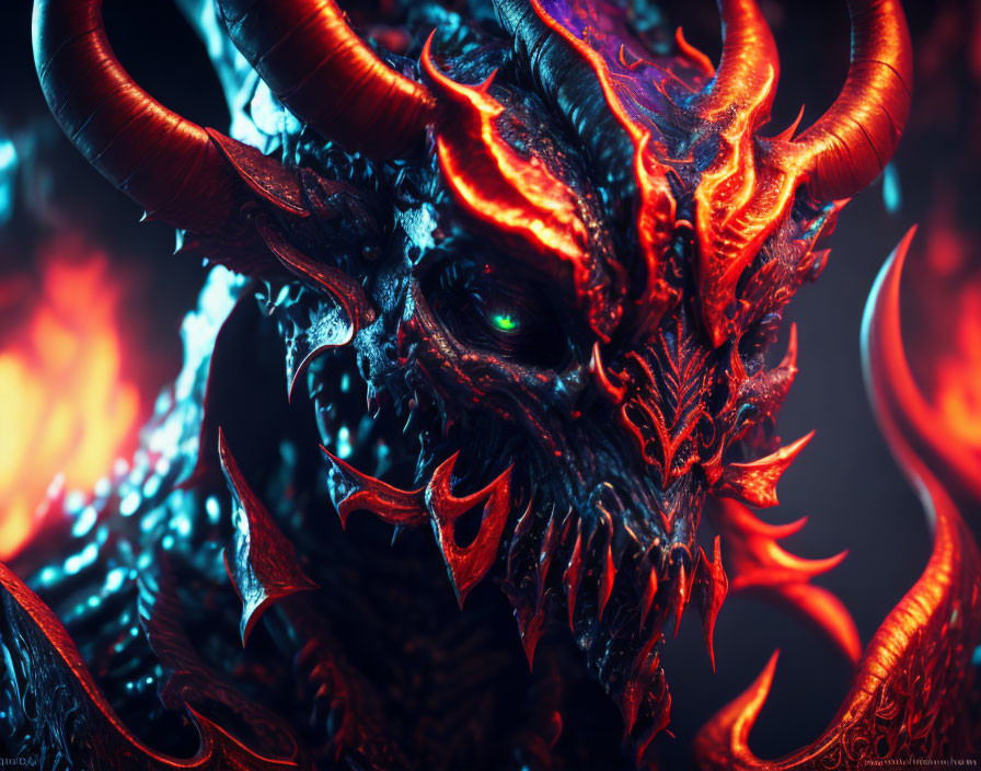 Detailed Fantasy Image: Demonic Creature with Glowing Green Eyes, Sharp Horns, and Fiery