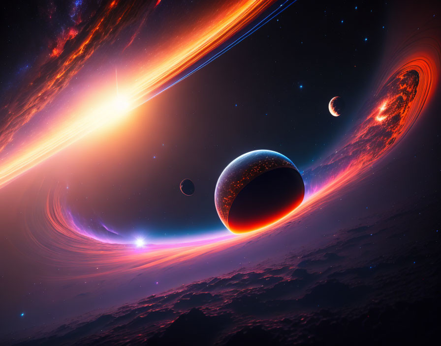 Colorful Space Vista with Glowing Planet and Rings in Celestial Scene