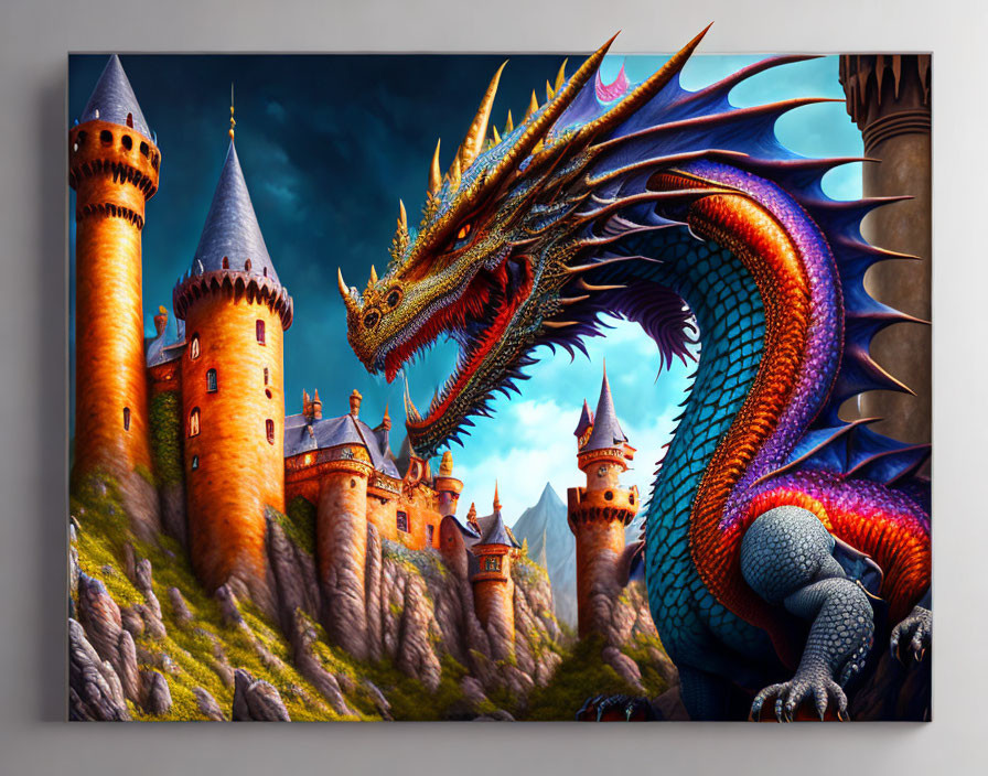 Vibrant dragon encircles medieval castle in rocky landscape