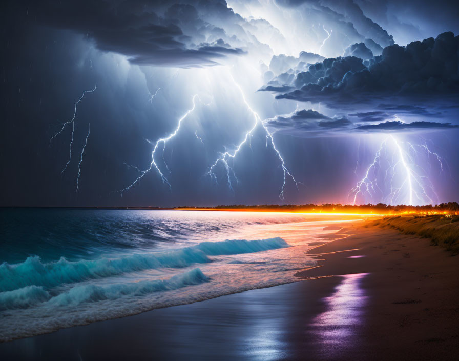 Dramatic coastal night scene with lightning strikes over turbulent sea