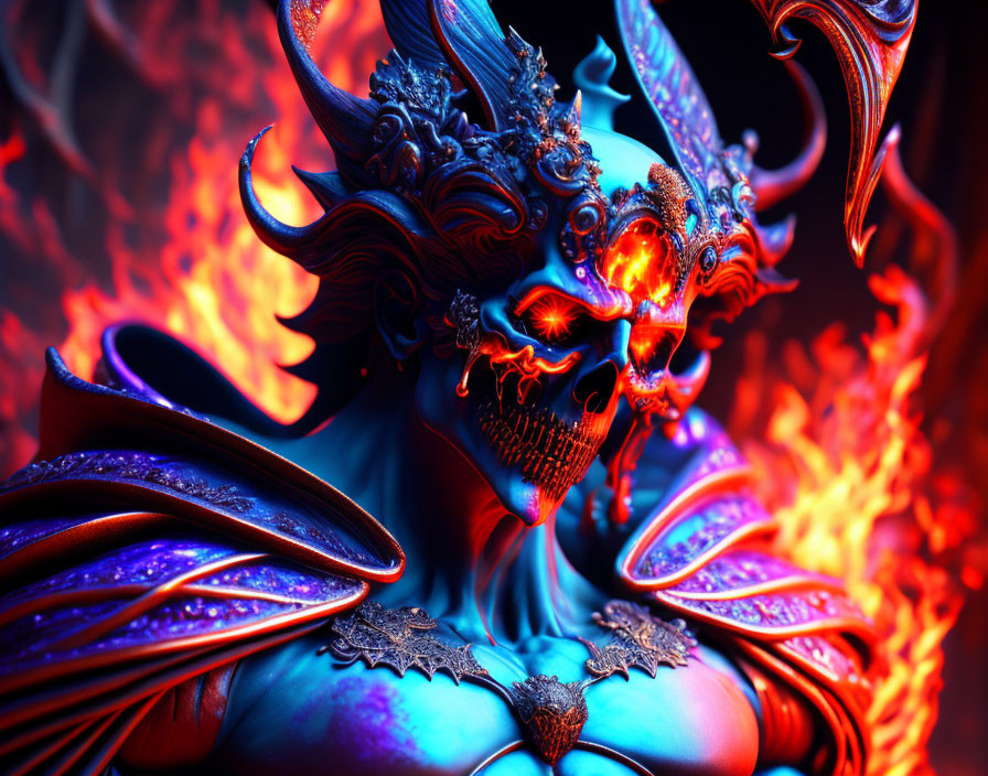 Fantastical character with demonic features and dark armor in fiery setting