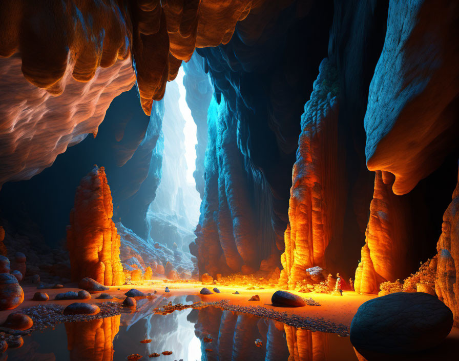 Majestic Cave with Orange Light, Reflective Water & Towering Pillars