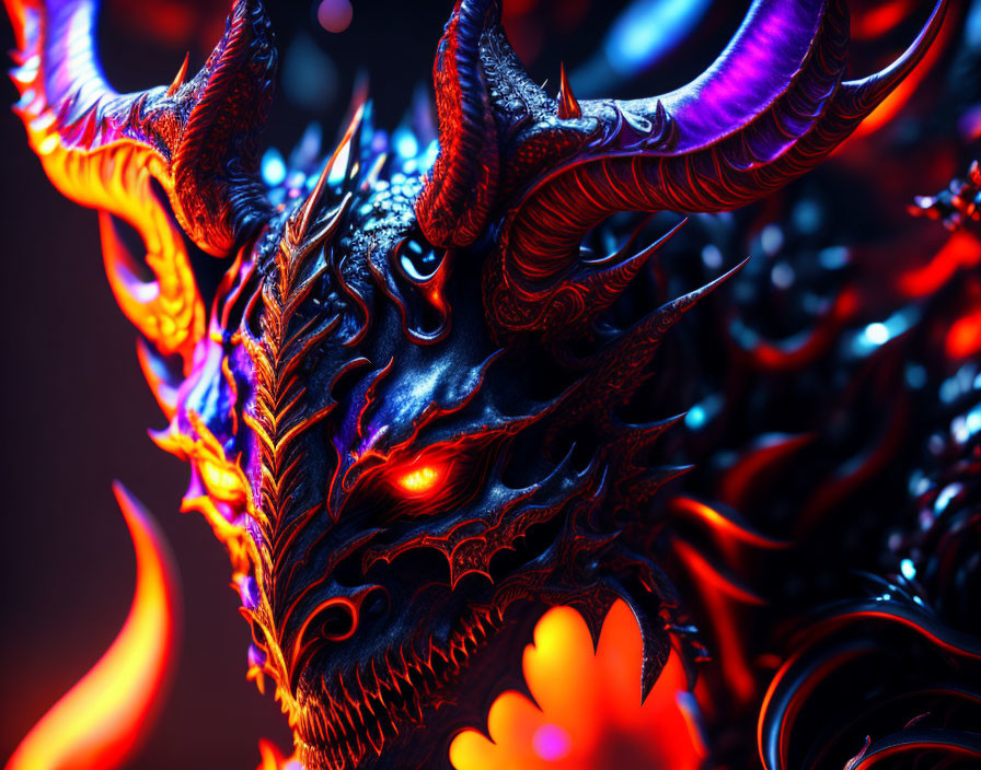 Detailed fiery dragon with glowing eyes and intricate scales on a dark backdrop