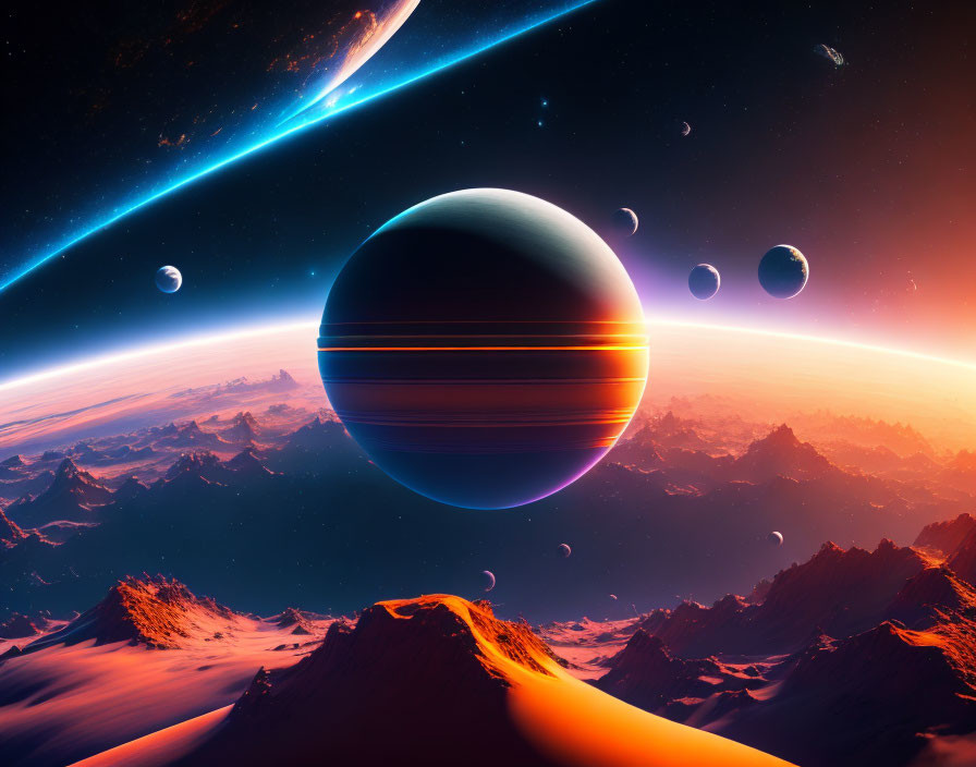 Colorful sci-fi landscape with ringed planet, moons, meteors, and sunrise over mountains