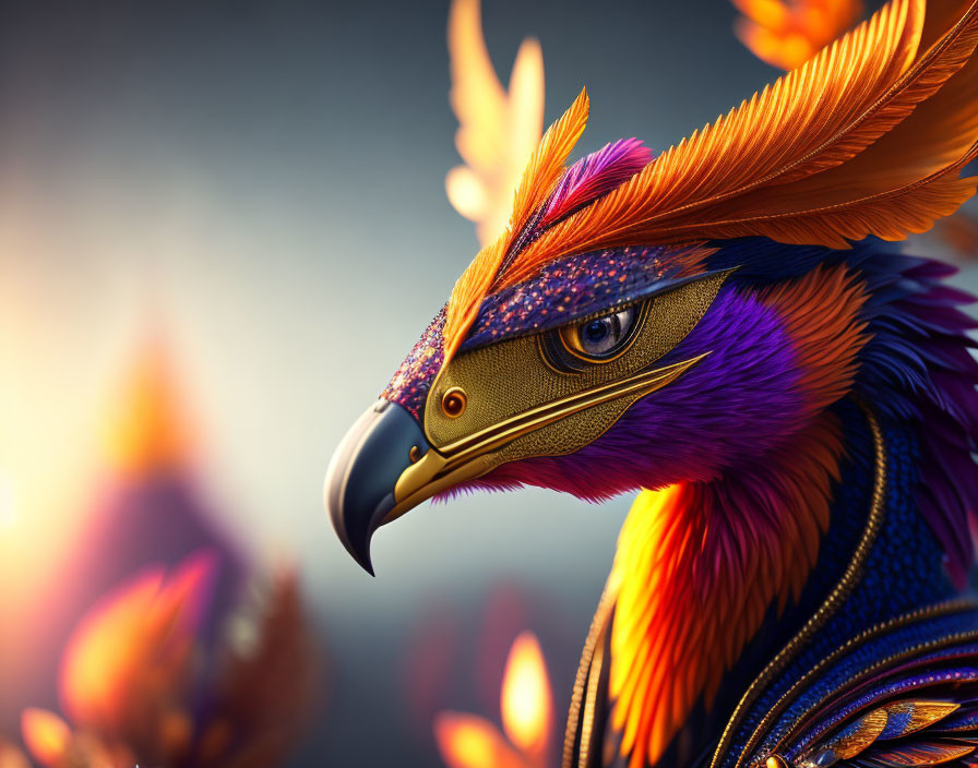 Colorful digital artwork of stylized bird with sharp beak and vibrant feathers against fiery backdrop