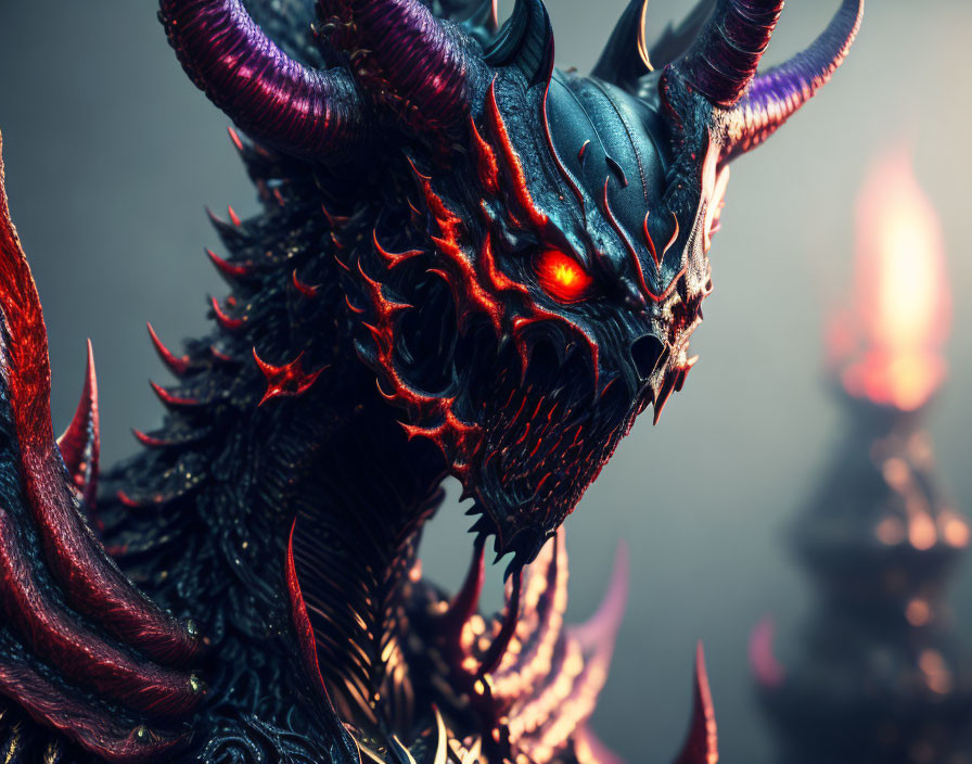 Detailed Close-Up of Fantasy Creature with Horns, Red Glowing Eyes, and Dark Armor