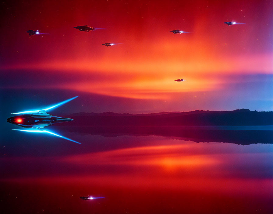 Futuristic spaceships over calm lake at vibrant sunset