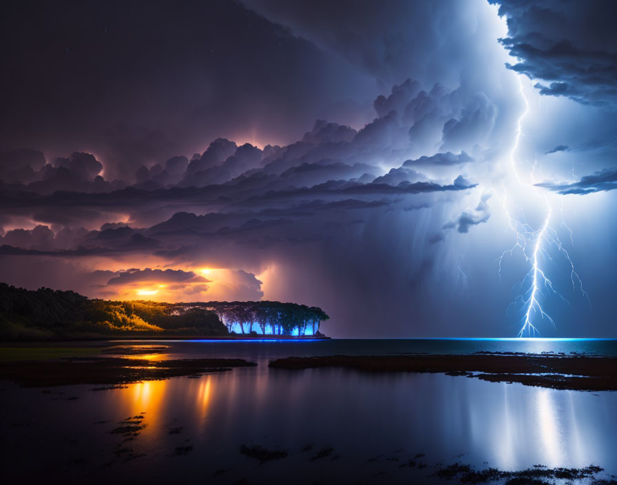 Thunderstorm over water at night with lightning near trees, purple sky, and water reflections.