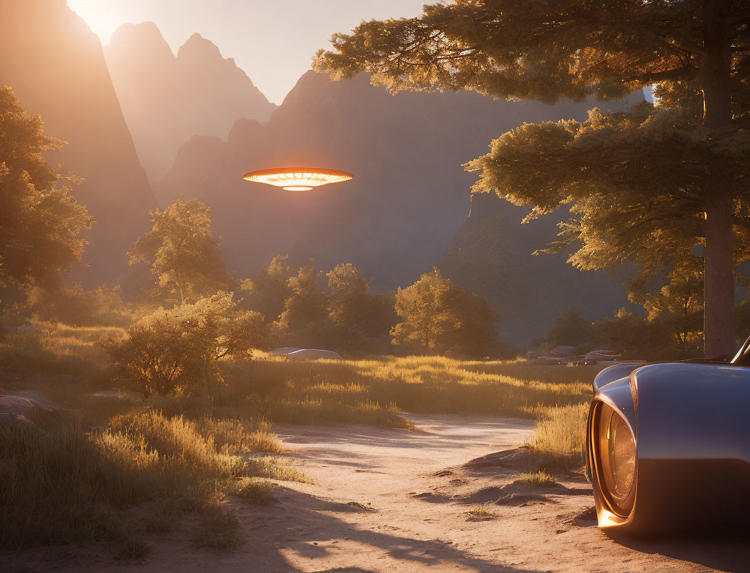 Mountainous Sunset Landscape with Classic Car and UFO Scenery