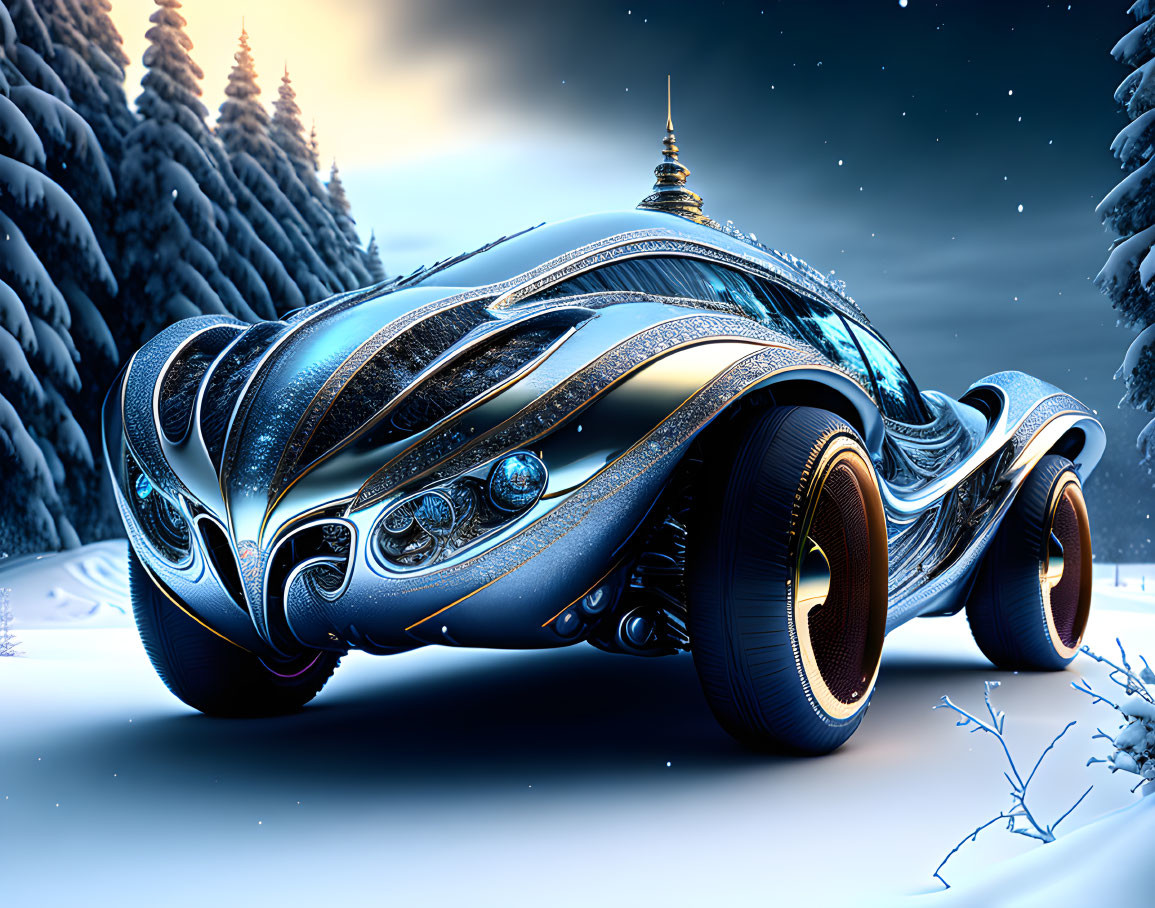 Futuristic silver and blue car in snowy twilight landscape