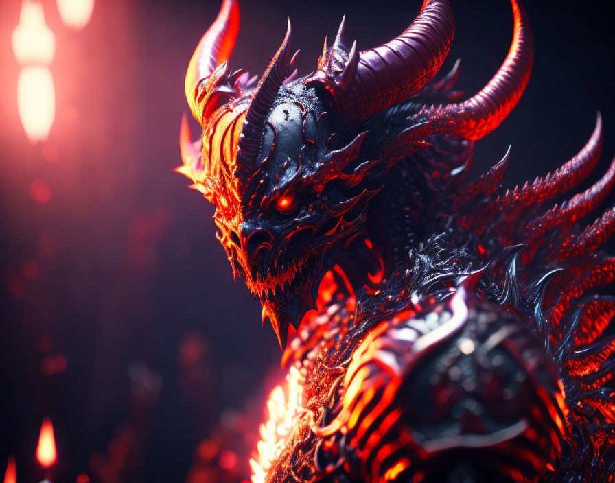 Sinister red and black demonic creature with glowing eyes, horns, and intricate armor