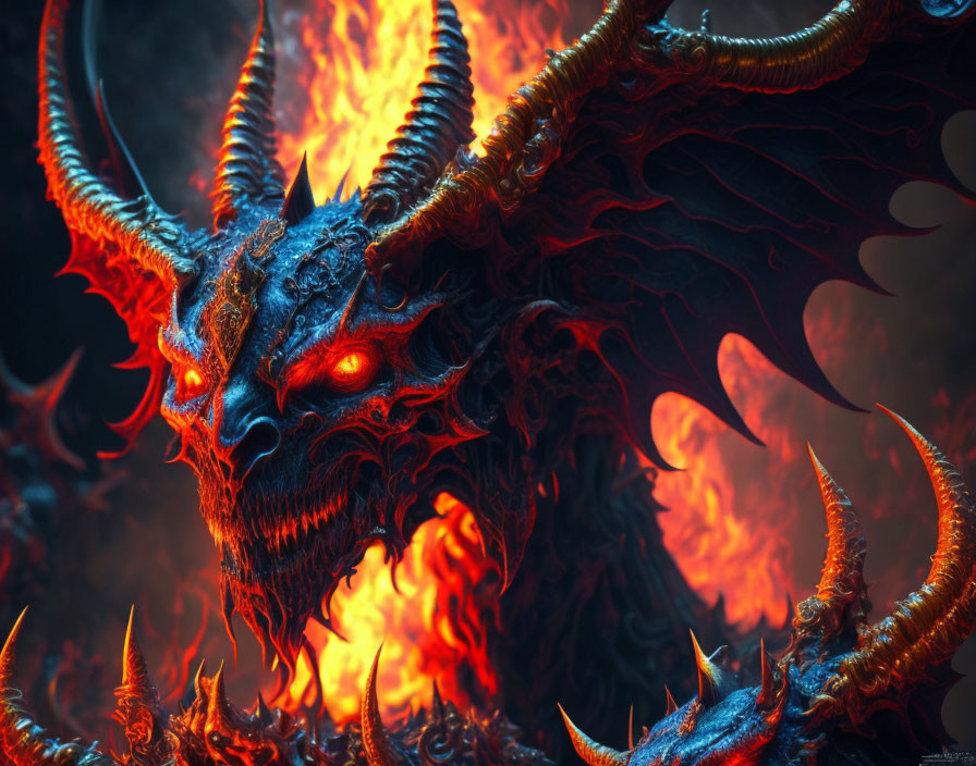 Fiery dragon with red eyes, sharp horns, and scales in flames.