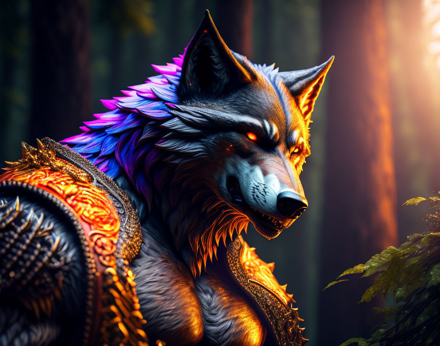 Vibrant 3D wolf illustration in ornate golden armor amid forest scenery