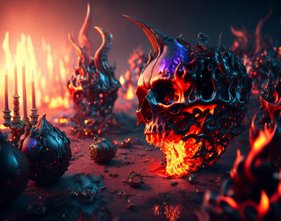 Fiery skull with horns in dark, mystical scene with candles and artifacts