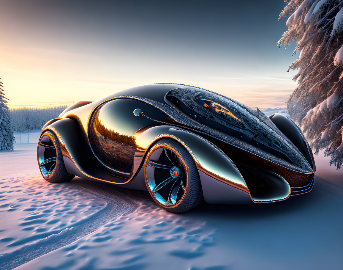 Reflective Black and Orange Futuristic Car in Snowy Sunset Landscape