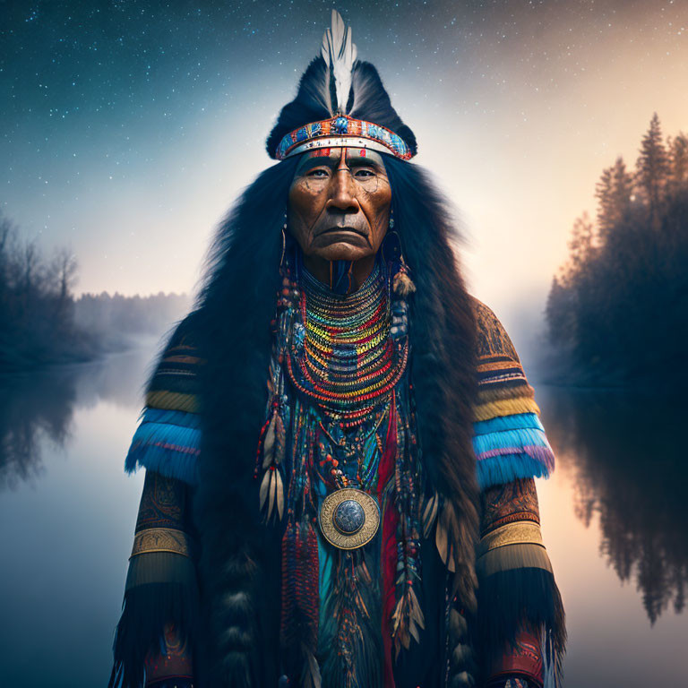 Person in Native American headdress by riverside at night