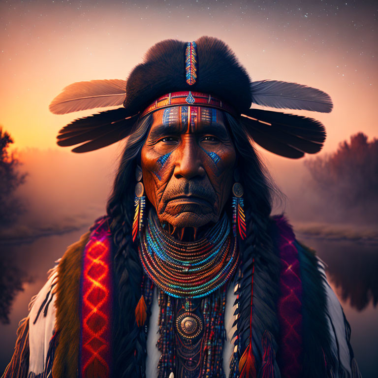 Portrait of a person in Native American attire at twilight with stars and river