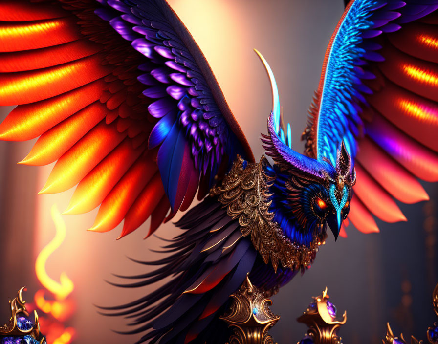 Majestic phoenix digital artwork with vibrant red and blue feathers